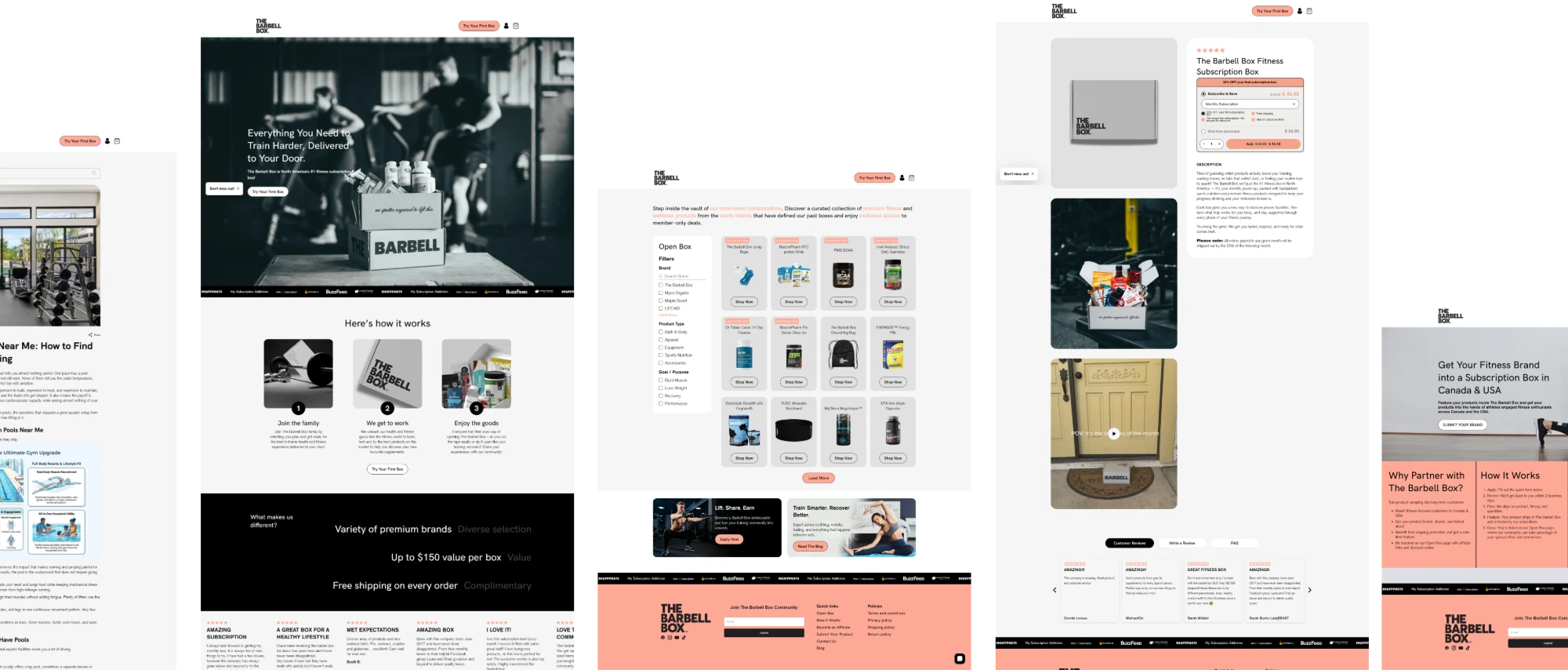A Subscription-First Shopify Store for a Monthly Fitness Box — the delivered pages: home, collection, product detail, brand story and footer