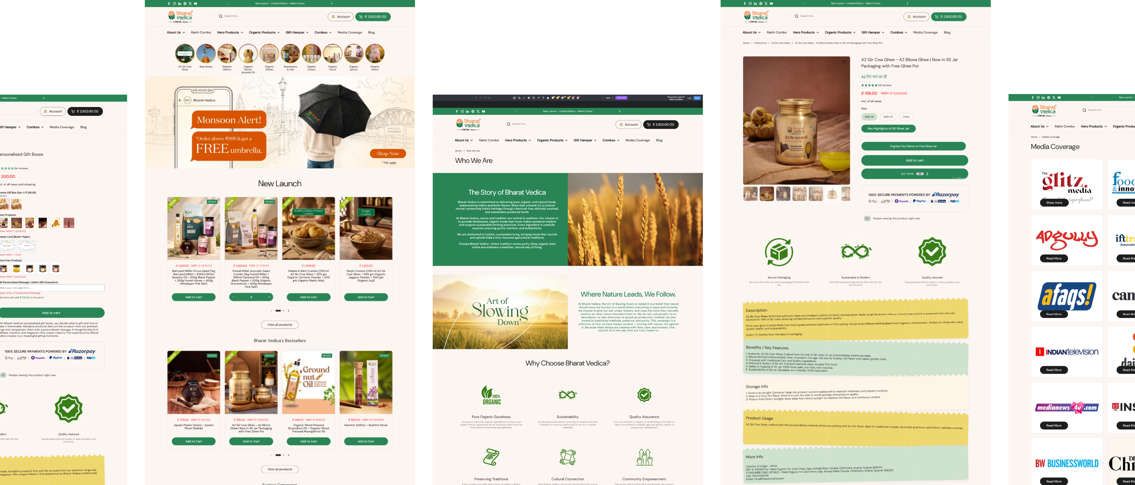Bharat Vedica, From Farm to Storefront — the delivered pages: home, collection, product detail, brand story and footer