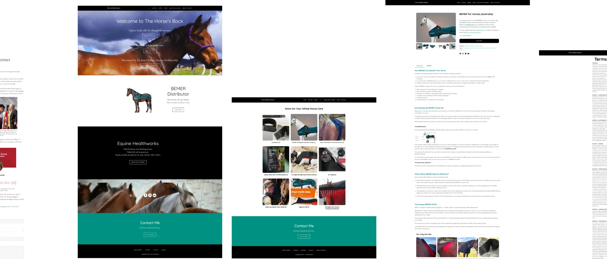 Moving an Equine Therapy Store From WooCommerce to Shopify — the delivered pages: home, collection, product detail, brand story and footer