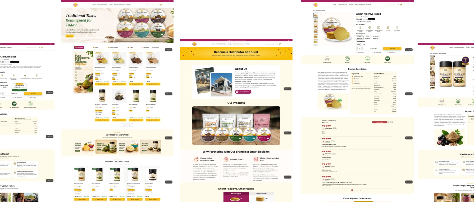A Direct-to-Home Shopify Store for a Papad Manufacturer — the delivered pages: home, collection, product detail, brand story and footer