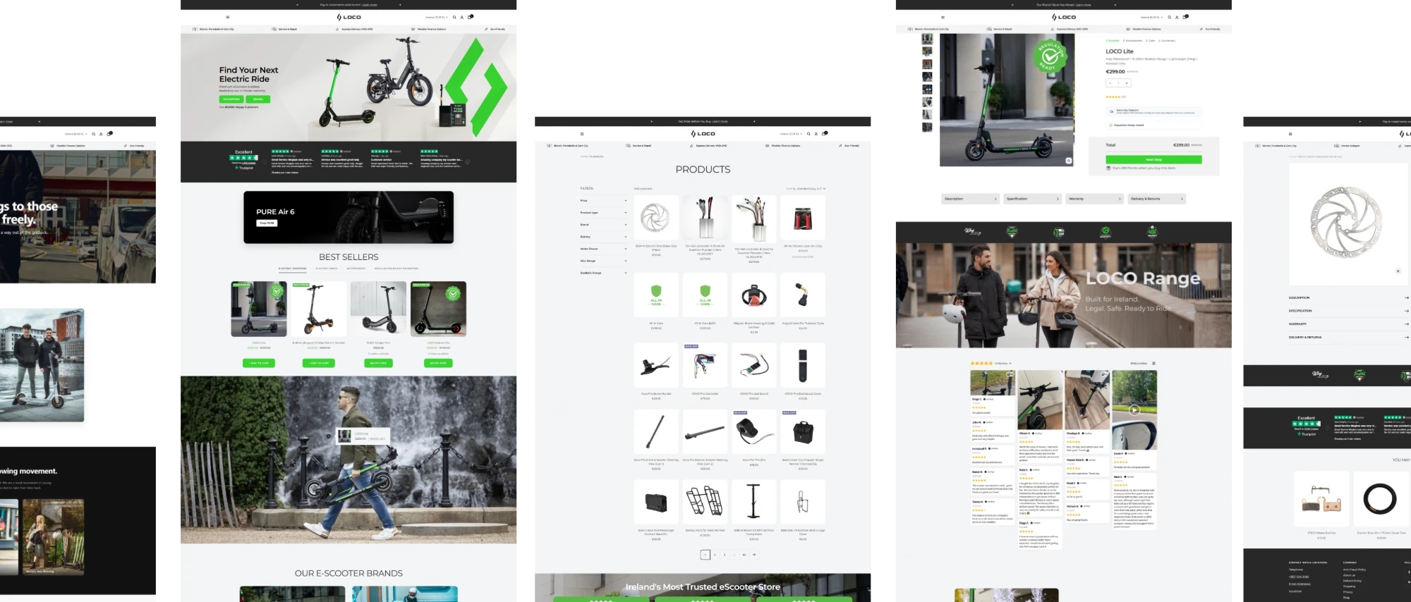 A Step-by-Step Product Page Upsell Flow for an E-Scooter Retailer — the delivered pages: home, collection, product detail, brand story and footer