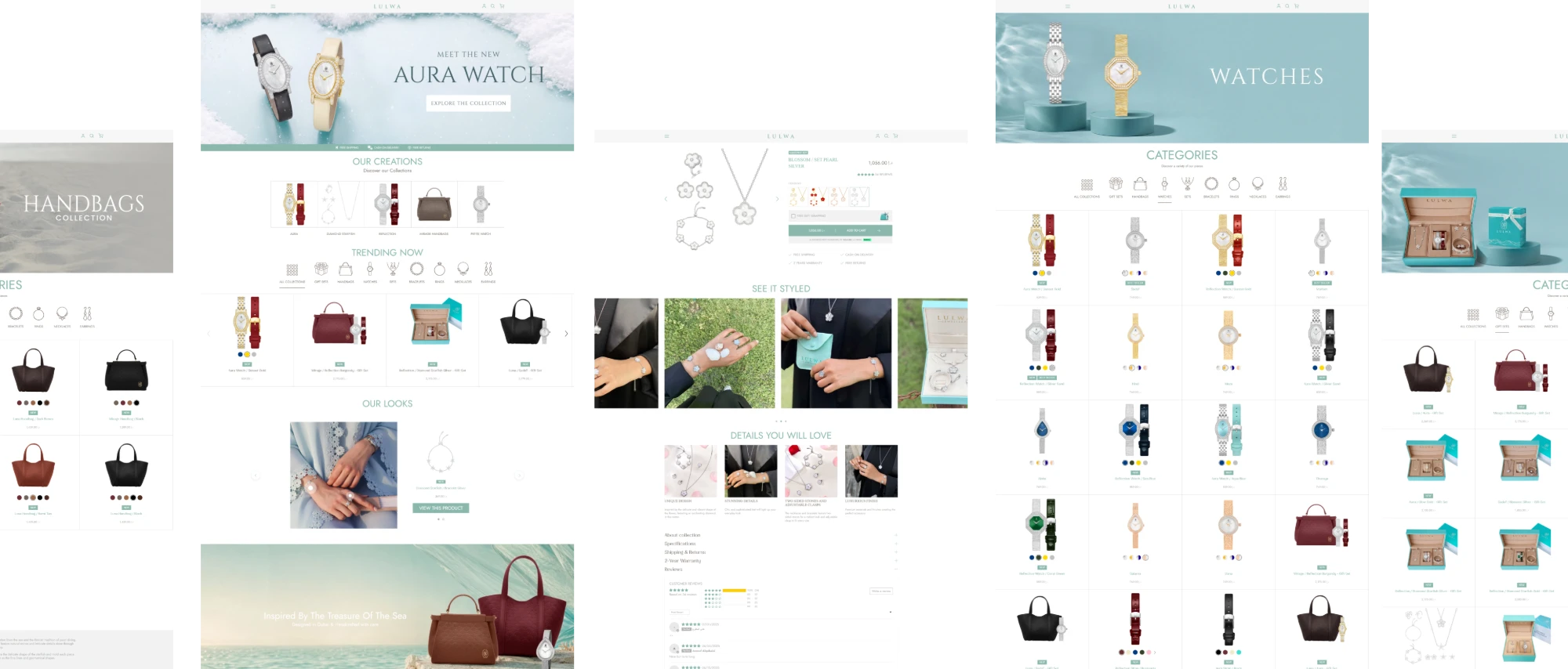A Heritage-Led Shopify Store for an Emirati Jewellery Brand — the delivered pages: home, collection, product detail, brand story and footer
