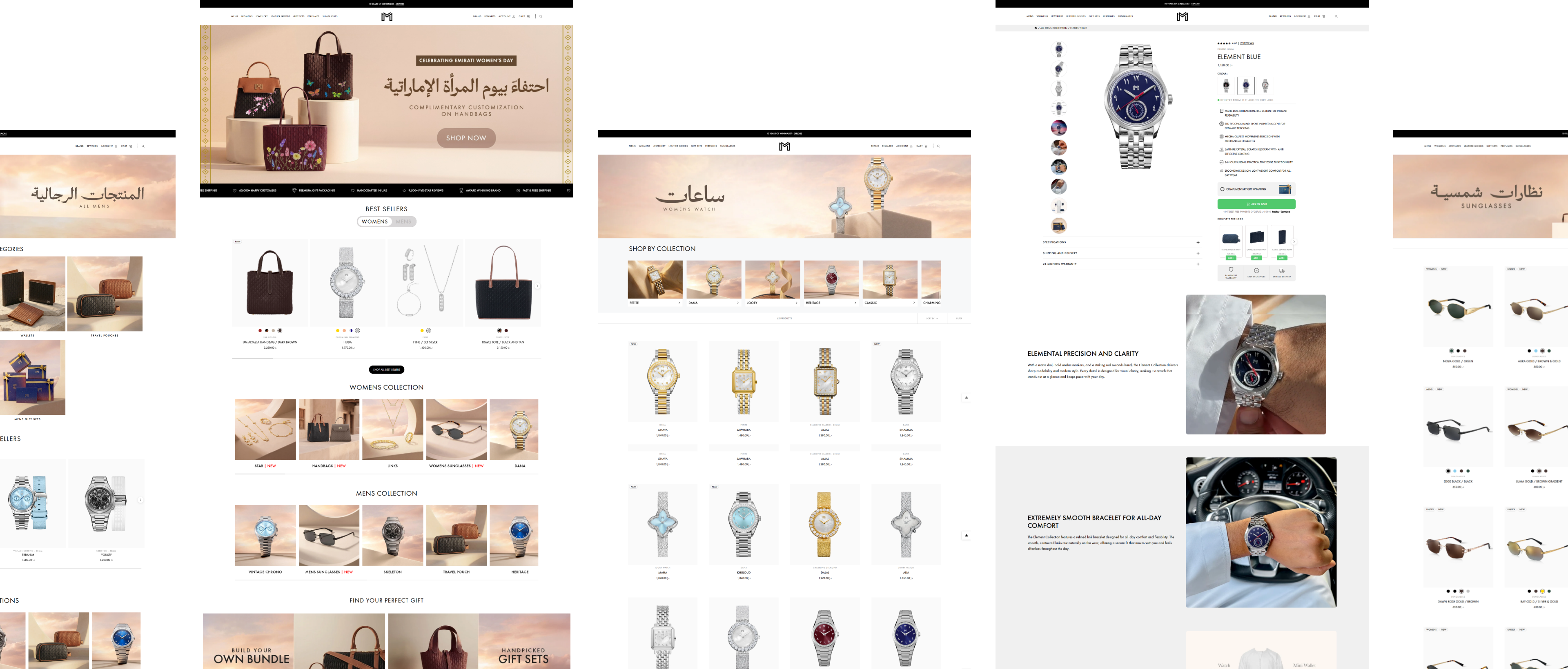 Cross-Border Luxury Retail on Shopify Plus — the delivered pages: home, collection, product detail, brand story and footer