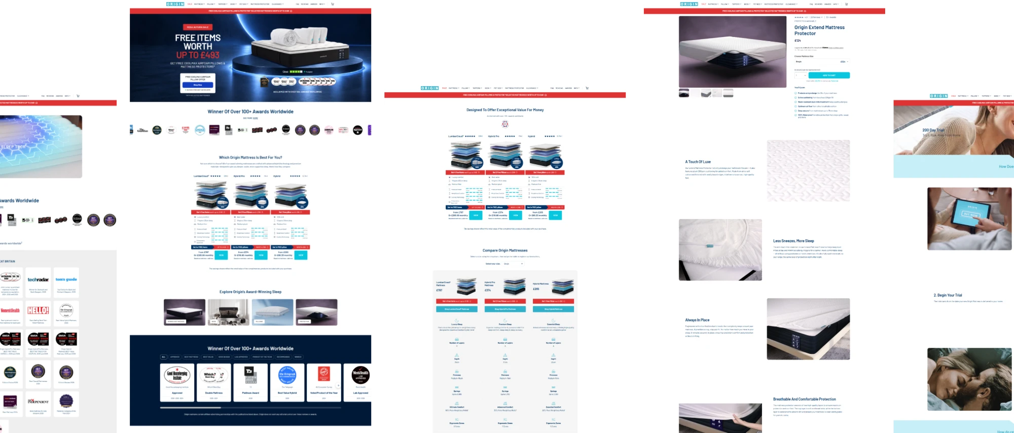 A UK Storefront for a Global Mattress Brand — the delivered pages: home, collection, product detail, brand story and footer