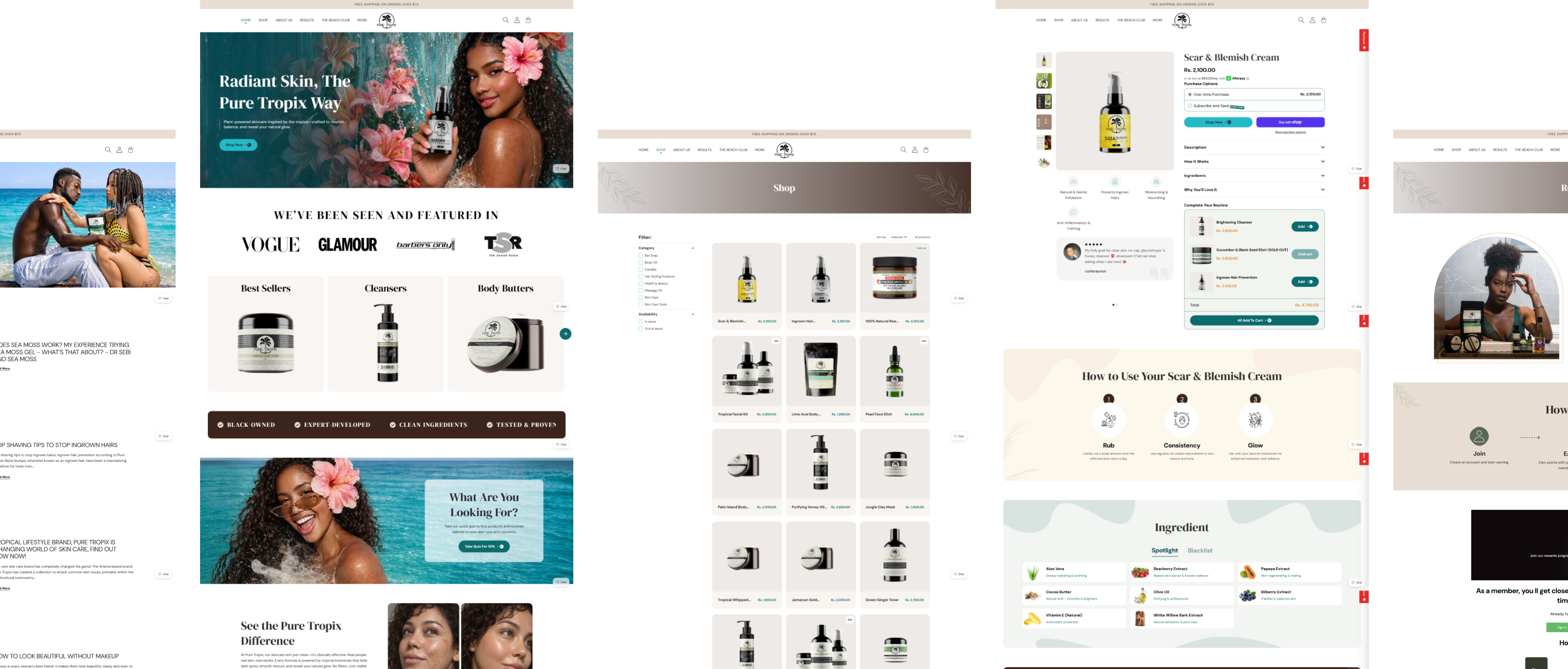 Skincare Built to Reorder — the delivered pages: home, collection, product detail, brand story and footer