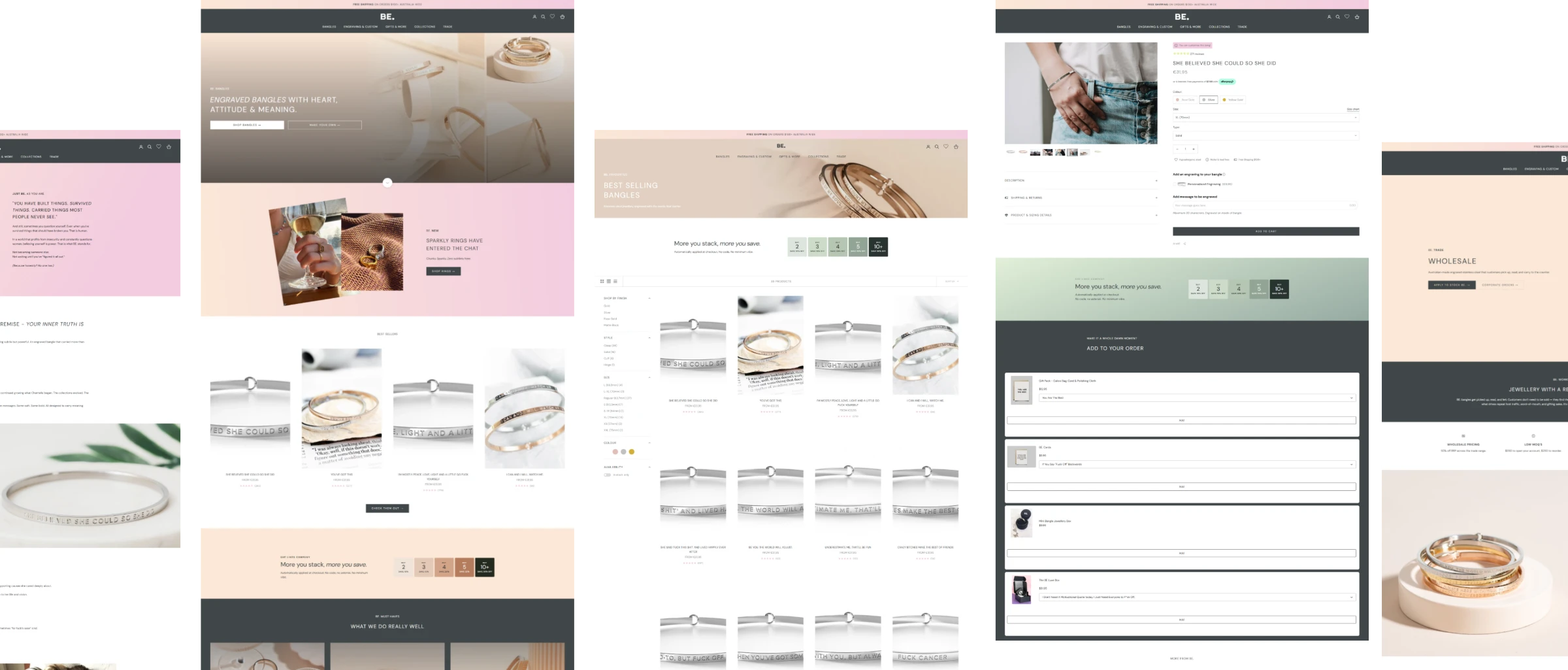 A Custom Engraved Jewelry Shopify Store with Tiered Discounts — the delivered pages: home, collection, product detail, brand story and footer