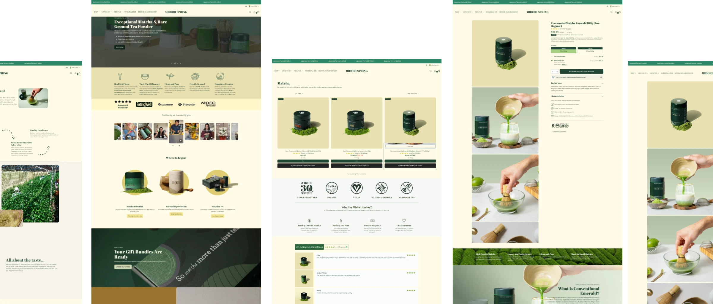 A Shopify Store and Knowledge Base for a Japanese Matcha Brand — the delivered pages: home, collection, product detail, brand story and footer
