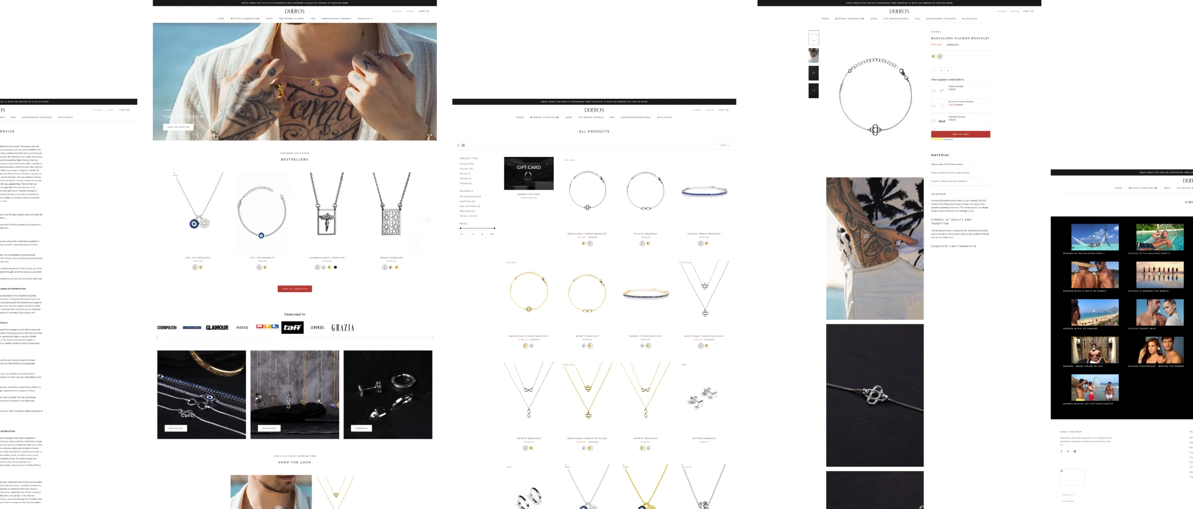A Modern Shopify Storefront for a Barcelona Fine Jewelry Brand — the delivered pages: home, collection, product detail, brand story and footer