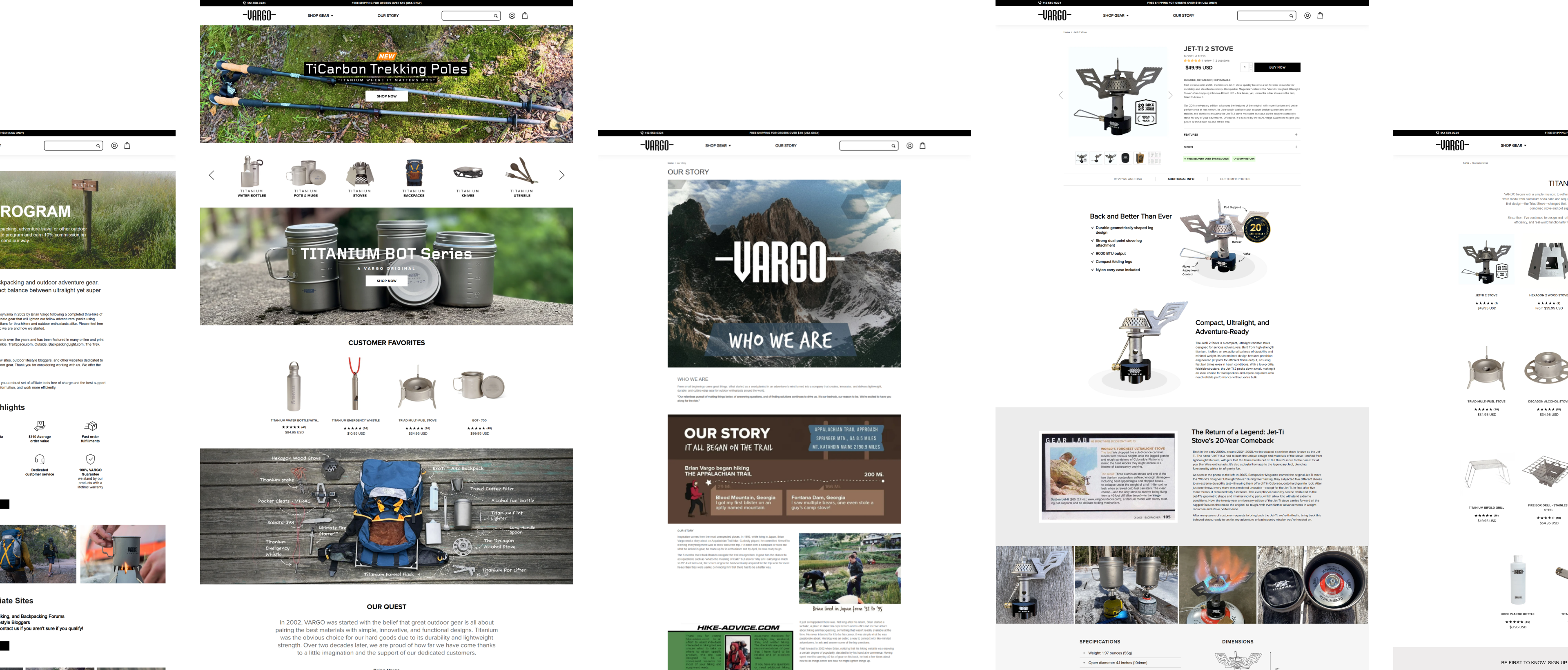 A Material-Led Store for Titanium Outdoor Gear — the delivered pages: home, collection, product detail, brand story and footer