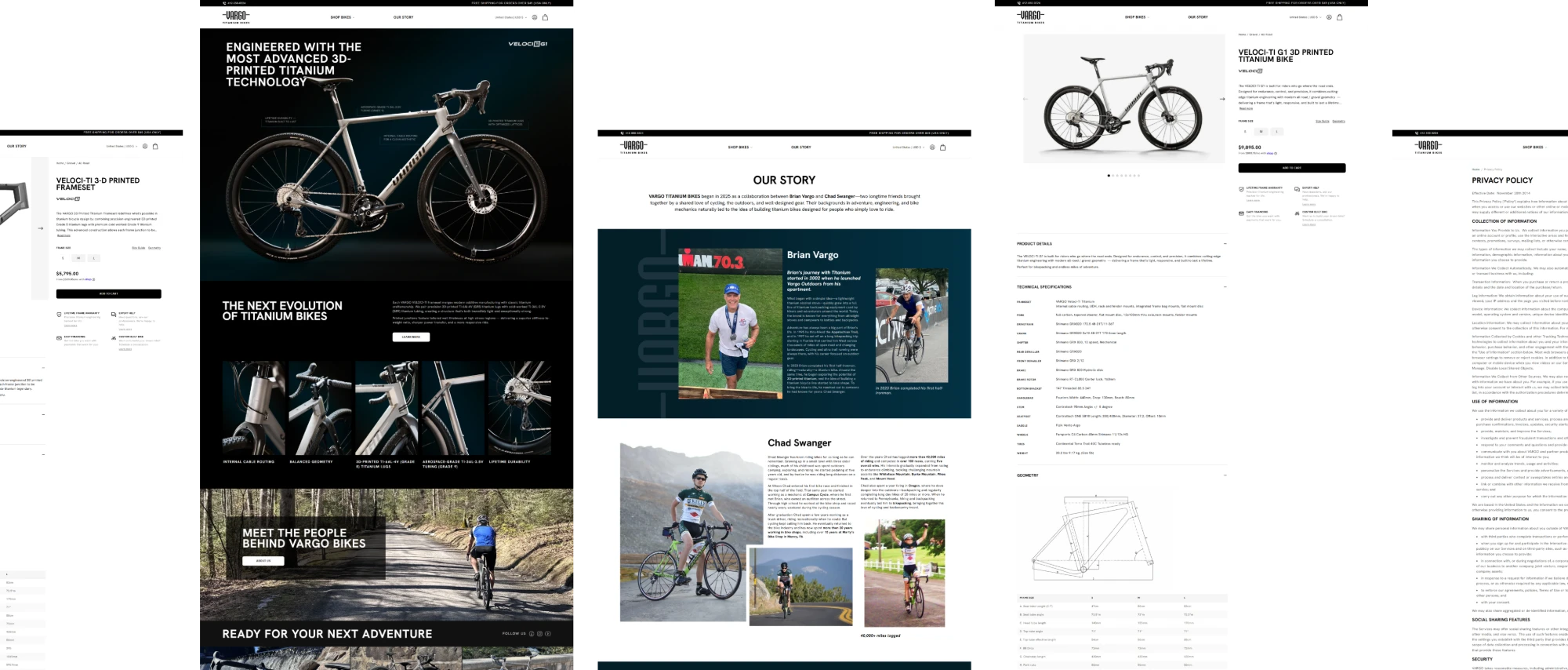 A Two-Product Store for 3D-Printed Titanium Bikes — the delivered pages: home, collection, product detail, brand story and footer